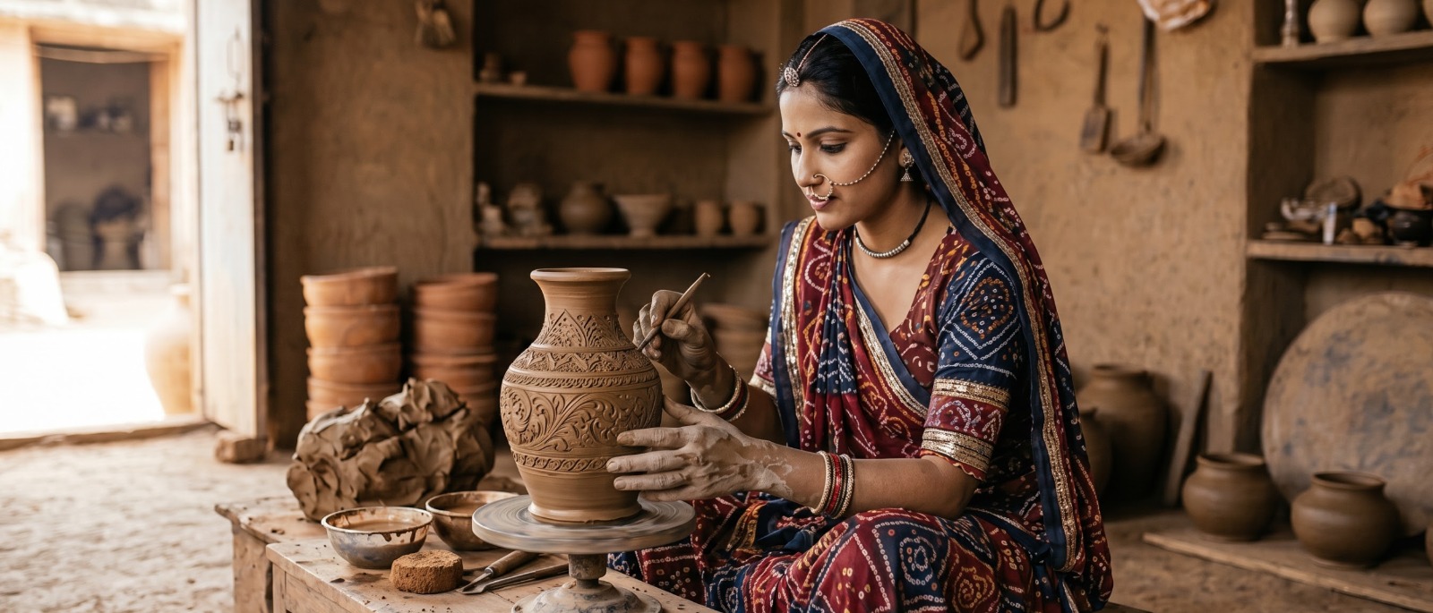 A potter shaping unglazed terracotta on the wheel