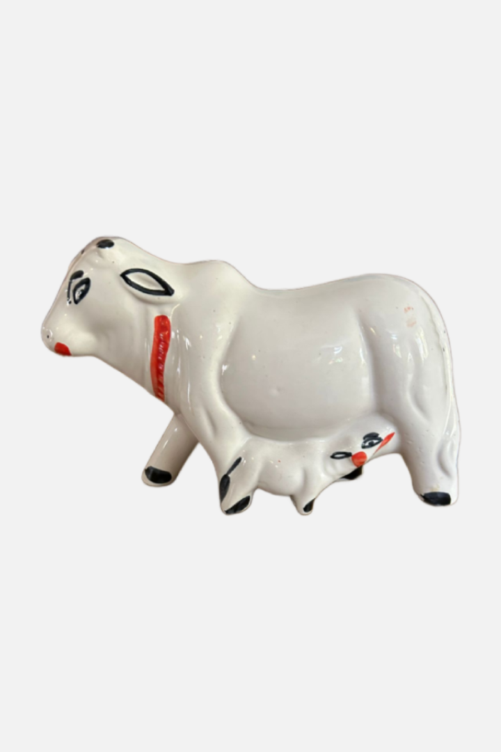 Handcrafted White Ceramic Cow & Calf Figurine