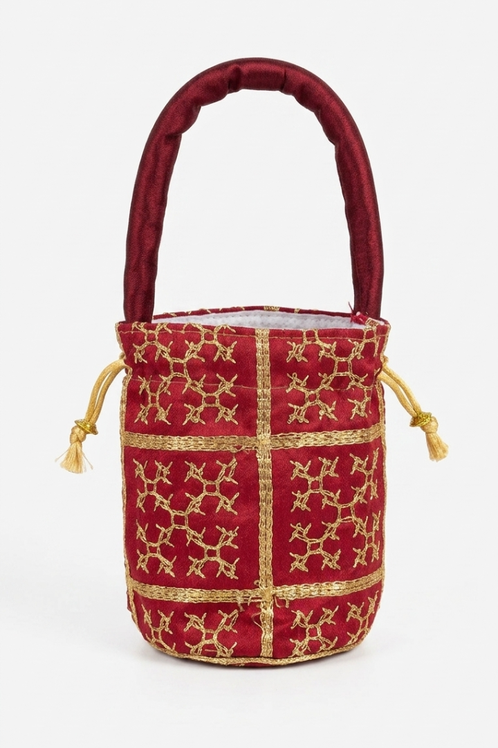 Maroon Regal Embroidered Mini Bucket Bag